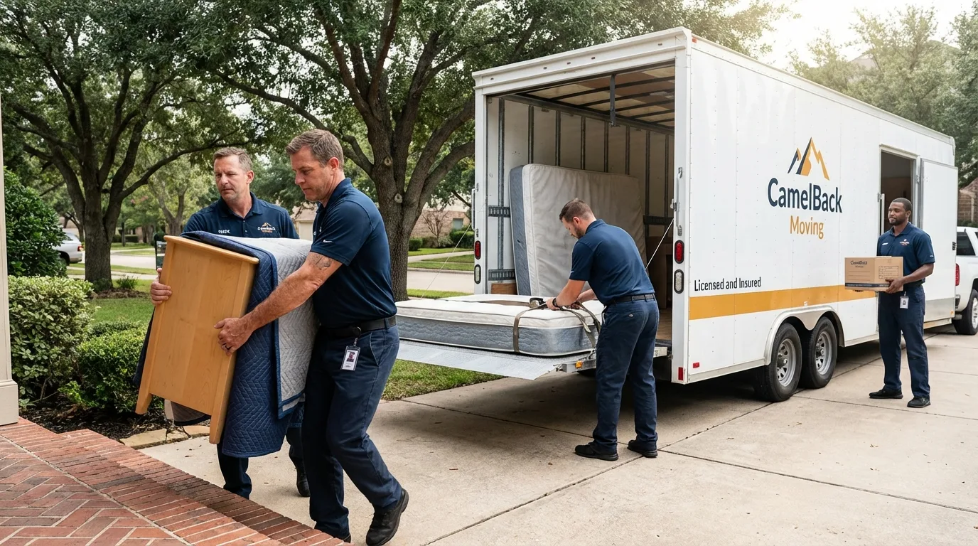 Crew loading residential truck for cross-state move from Wyandanch, NY