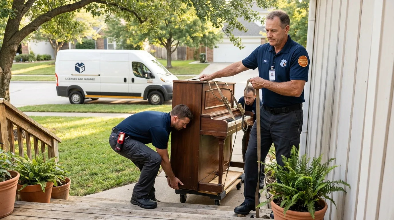 Licensed piano movers securing grand piano in Wyandanch, NY