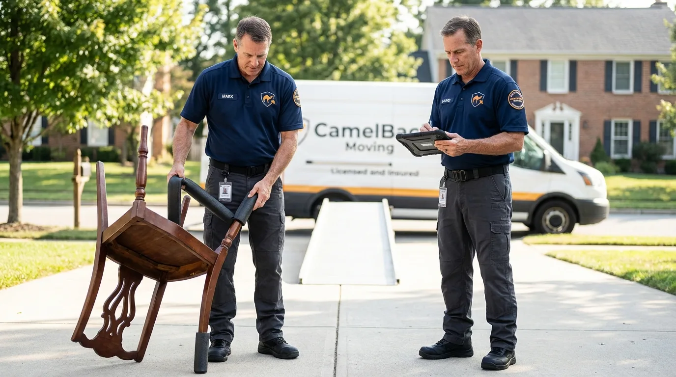 Movers inspecting furniture for damage prevention before loading in Wyandanch, NY