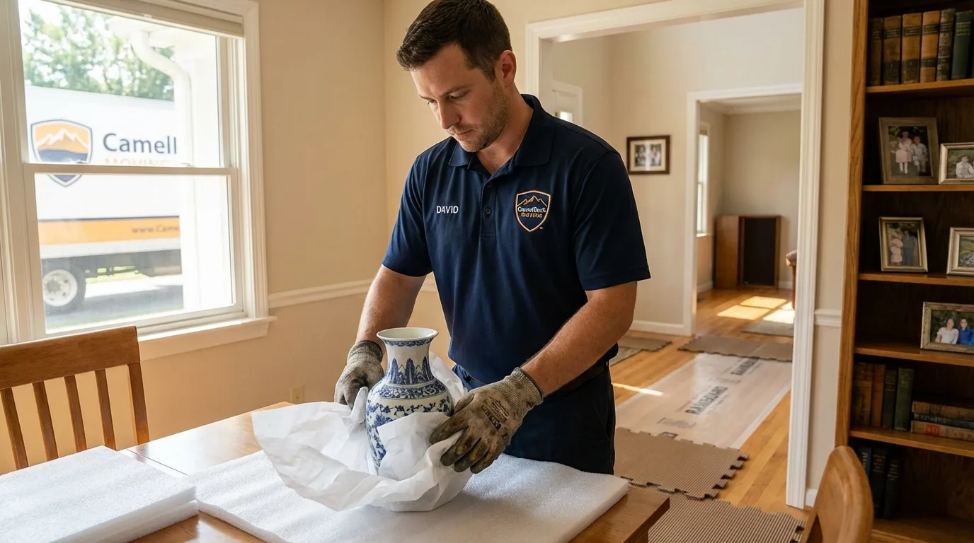 Professional crew carefully wrapping antique vase for senior downsizing move in Wyandanch, NY