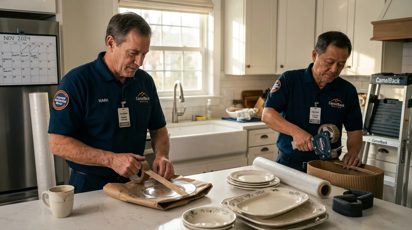 Professional crew packing kitchen dishware in Wyandanch, NY